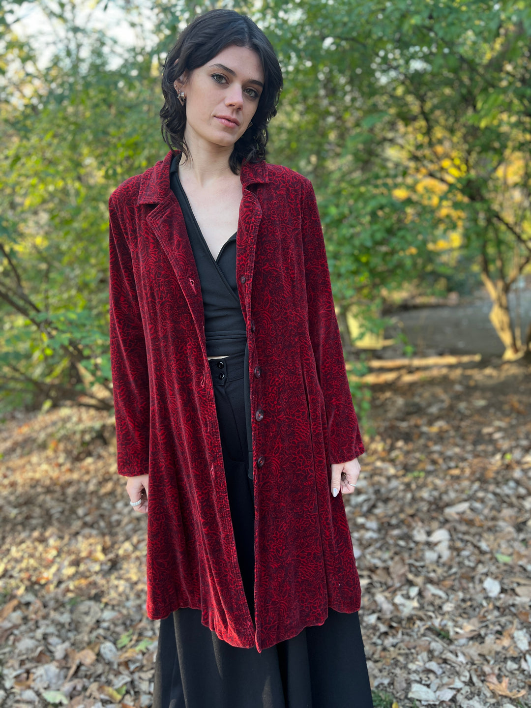 90s Red Black Velvet Floral Duster Coat