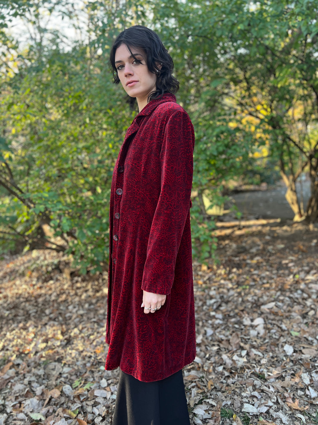 90s Red Black Velvet Floral Duster Coat