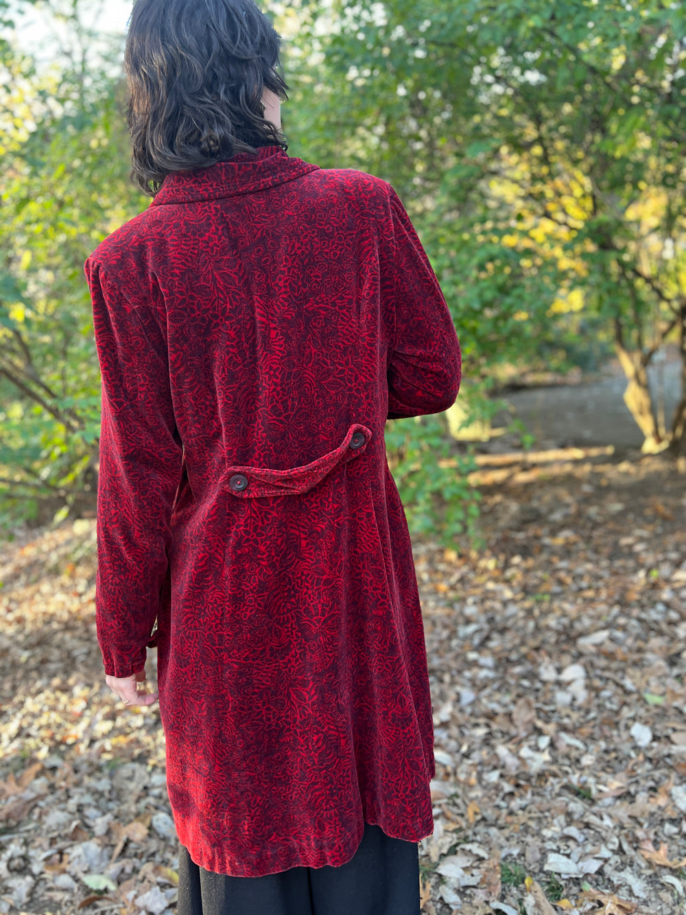 90s Red Black Velvet Floral Duster Coat