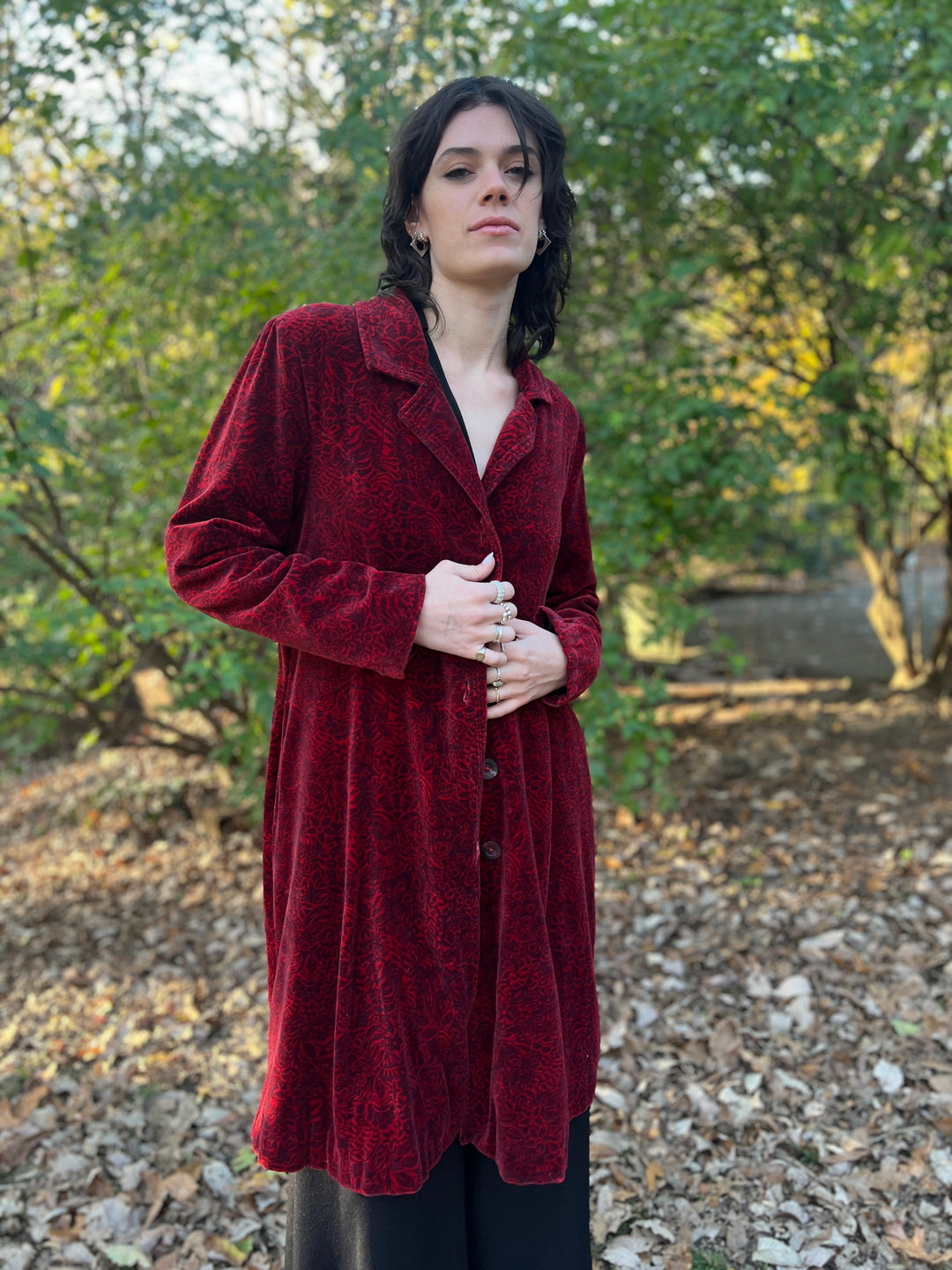 90s Red Black Velvet Floral Duster Coat