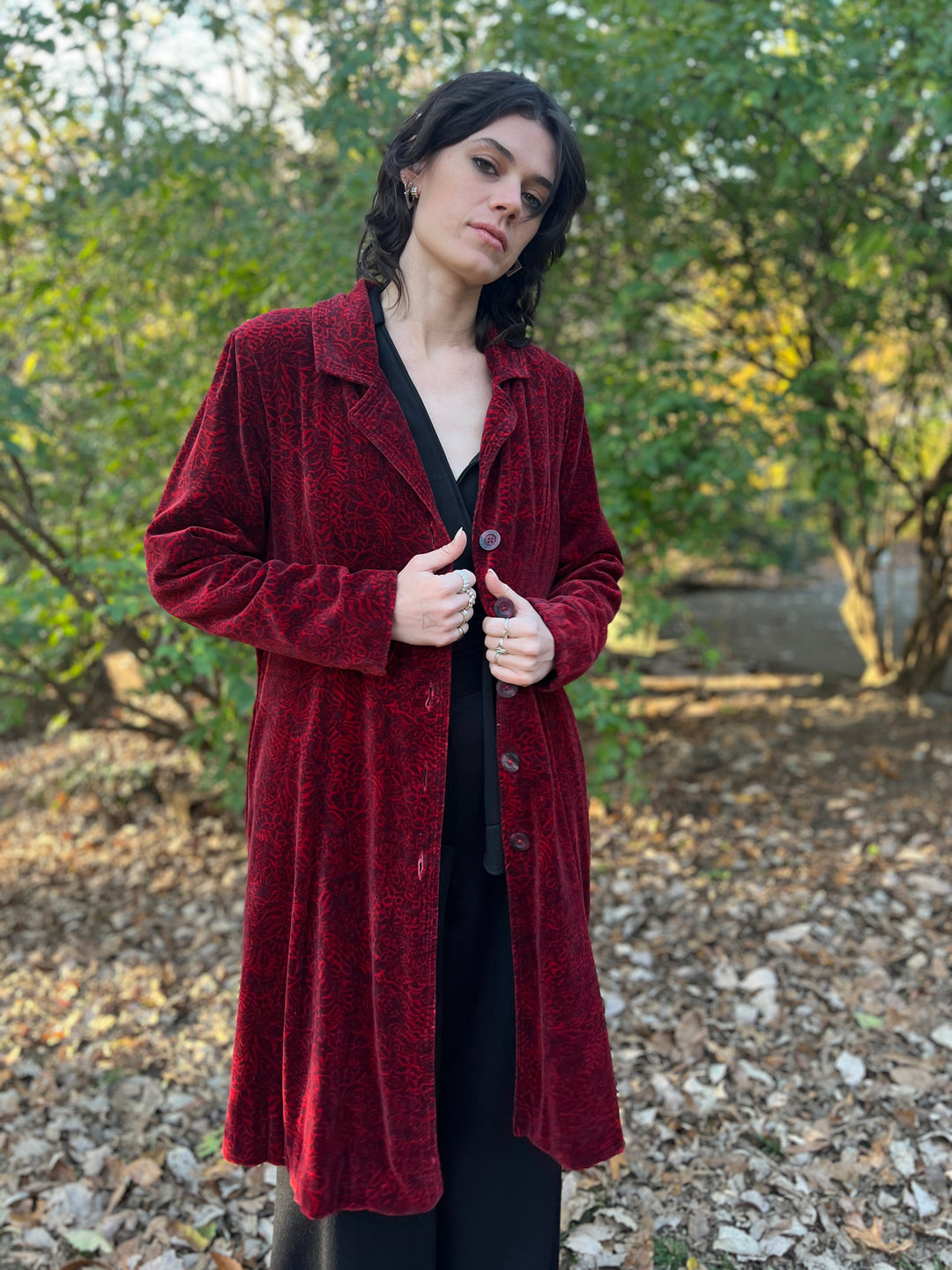 90s Red Black Velvet Floral Duster Coat