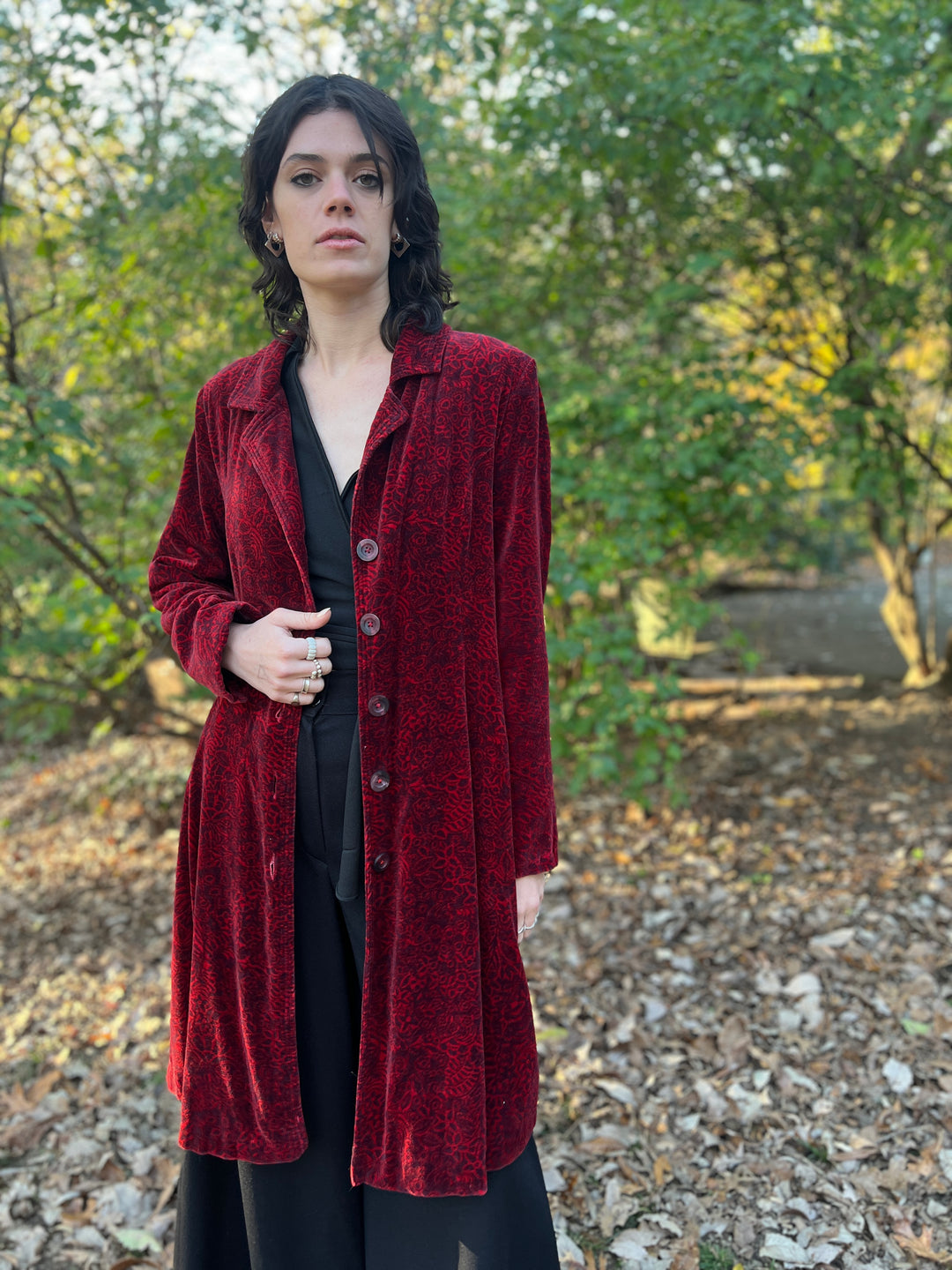 90s Red Black Velvet Floral Duster Coat