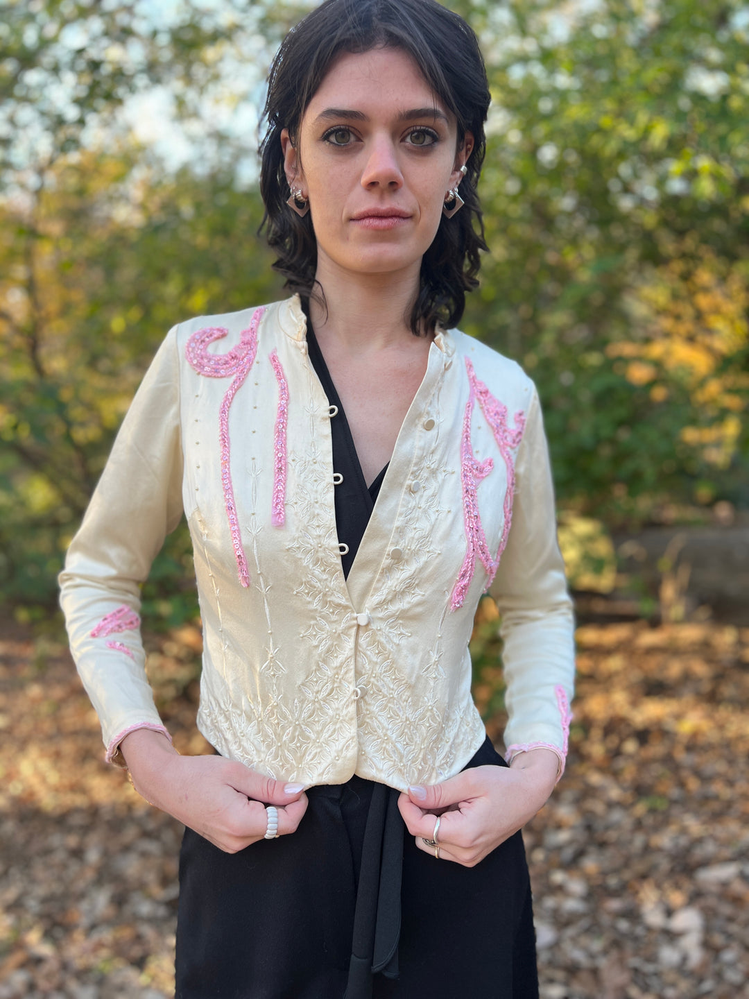 90s Vintage Ivory Silk Embellished Jacket, Talbots.