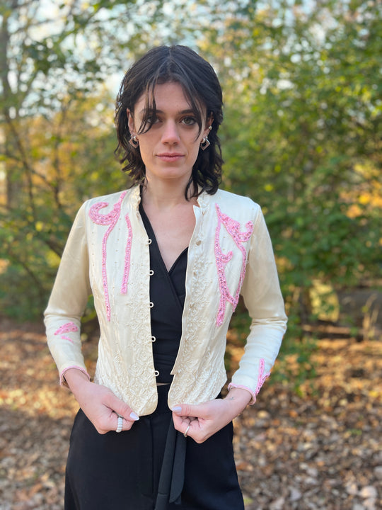 90s Vintage Ivory Silk Embellished Jacket, Talbots.