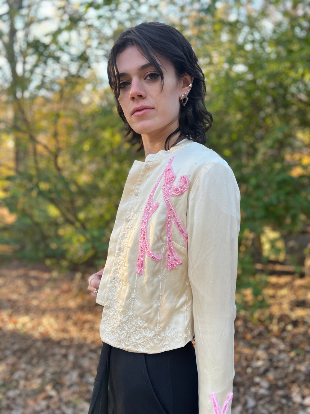 90s Vintage Ivory Silk Embellished Jacket, Talbots.