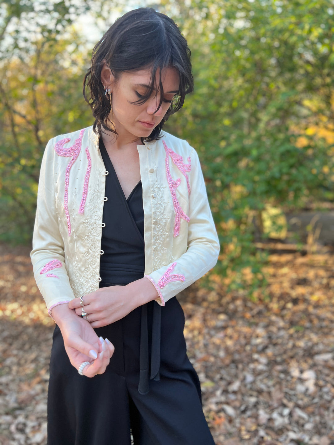 90s Vintage Ivory Silk Embellished Jacket, Talbots.