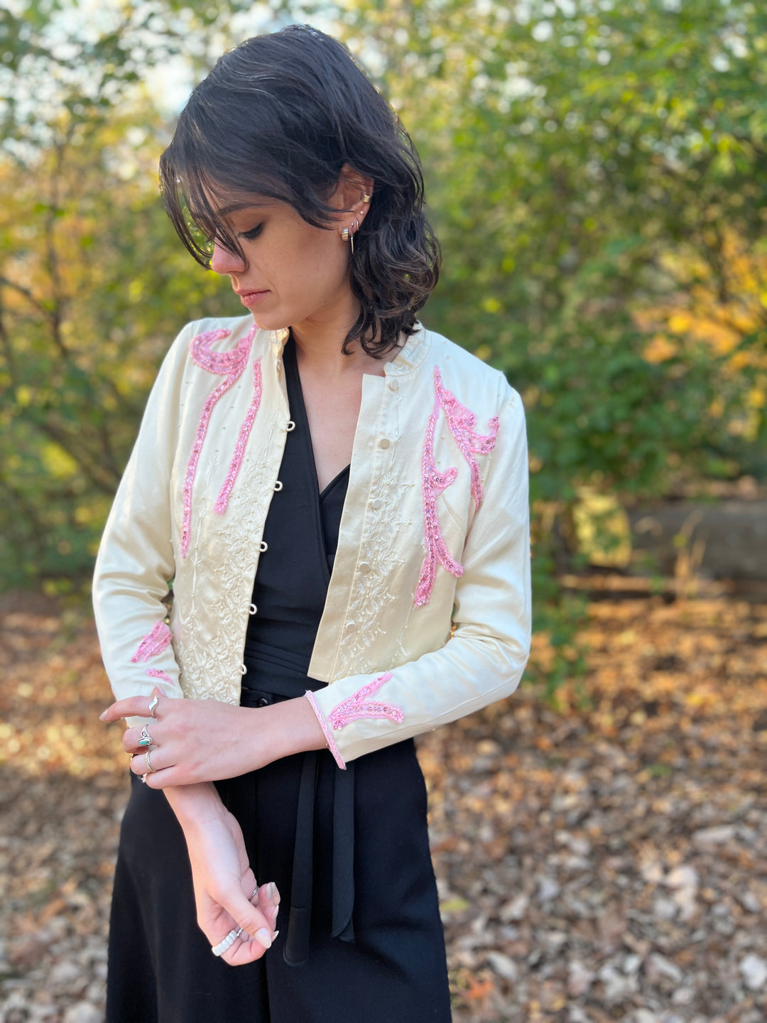 90s Vintage Ivory Silk Embellished Jacket, Talbots.