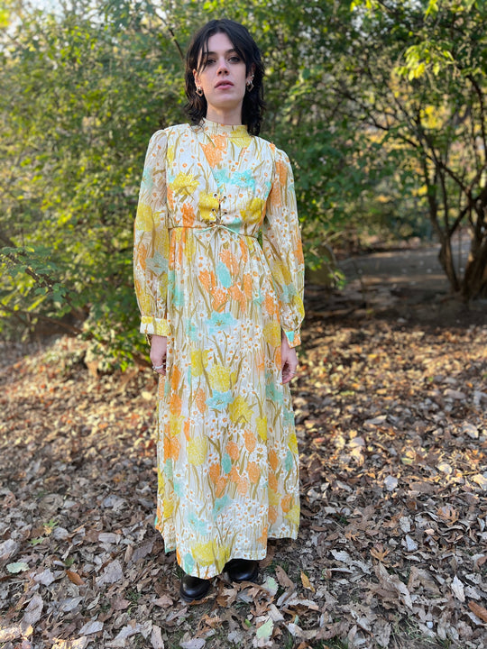 70s White Orange Yellow Floral Maxi Dress, Cropped Vest