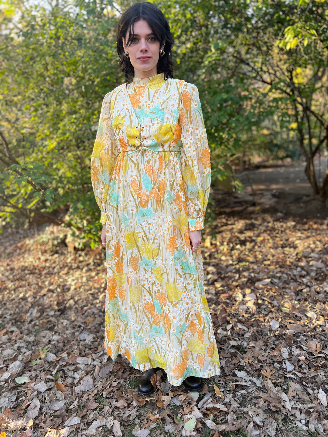 70s White Orange Yellow Floral Maxi Dress, Cropped Vest