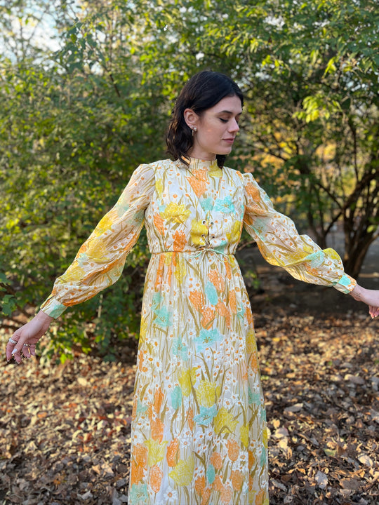 70s White Orange Yellow Floral Maxi Dress, Cropped Vest