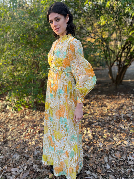 70s White Orange Yellow Floral Maxi Dress, Cropped Vest