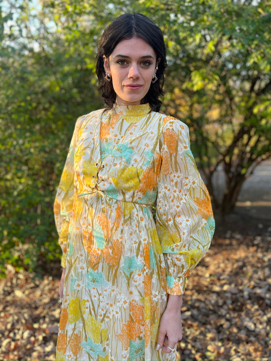 70s White Orange Yellow Floral Maxi Dress, Cropped Vest