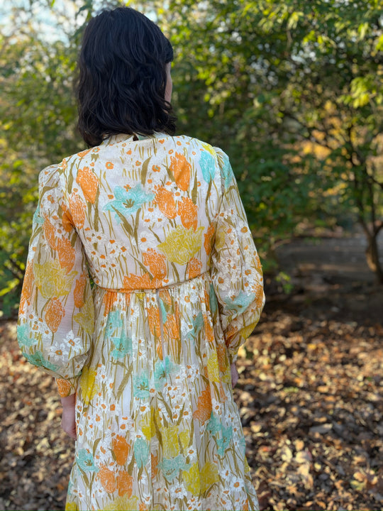 70s White Orange Yellow Floral Maxi Dress, Cropped Vest