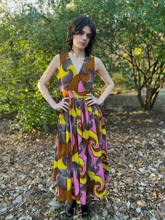 Yellow Brown Cotton Op Art Sleeveless Maxi Dress