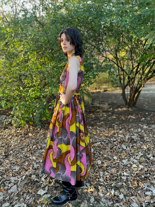 Yellow Brown Cotton Op Art Sleeveless Maxi Dress