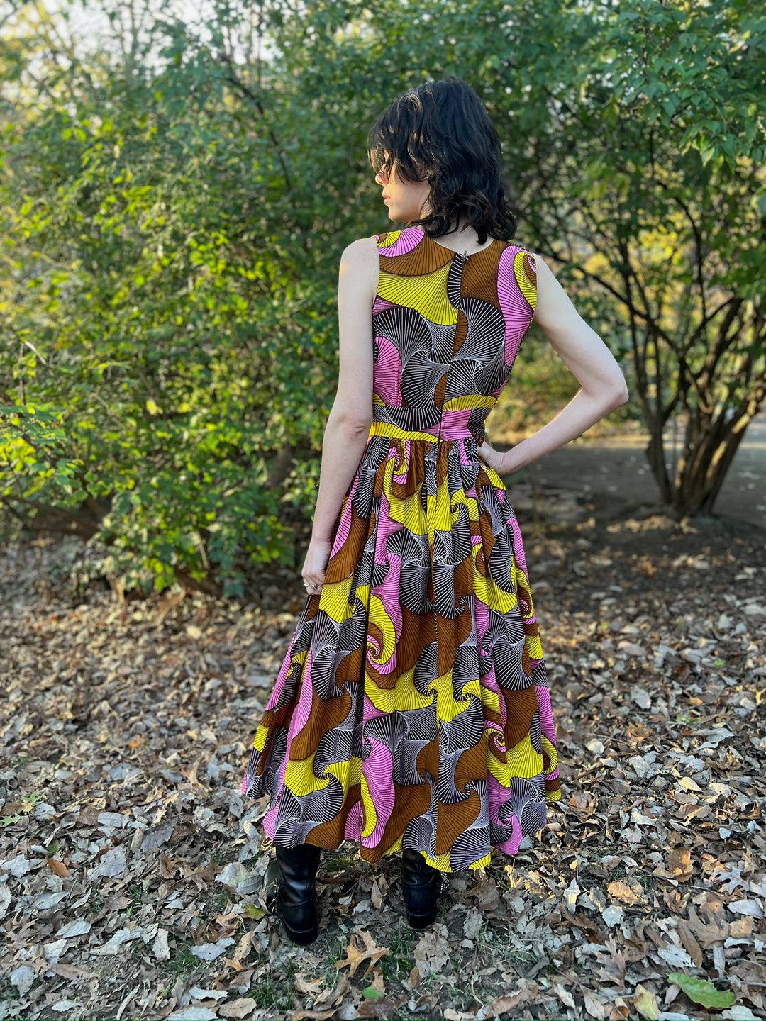 Yellow Brown Cotton Op Art Sleeveless Maxi Dress