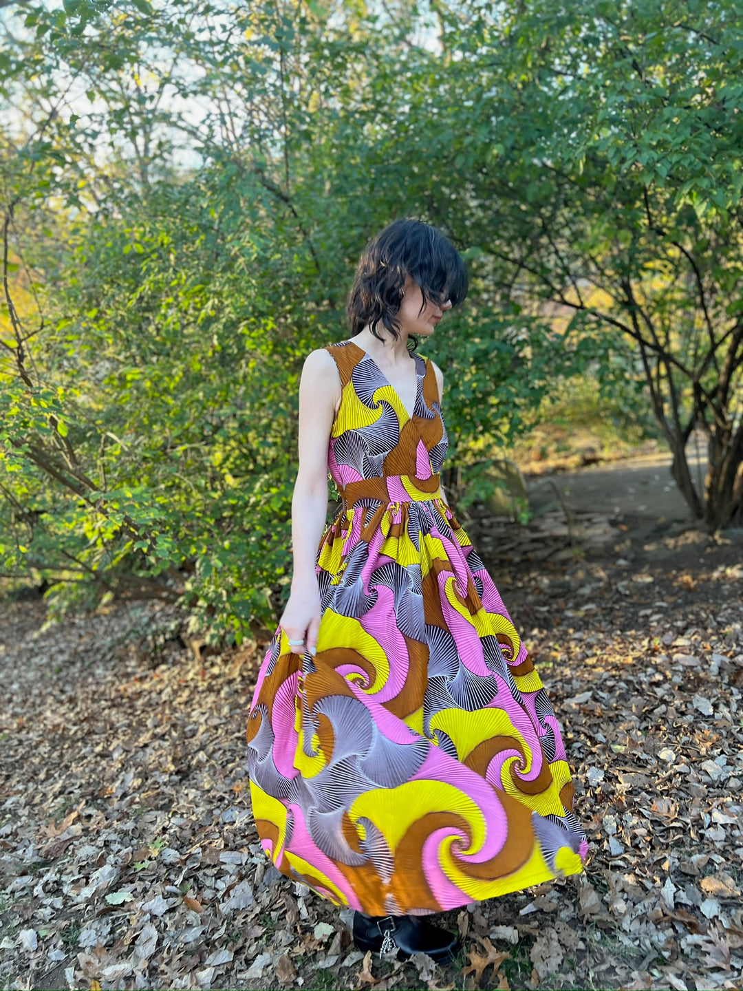 Yellow Brown Cotton Op Art Sleeveless Maxi Dress