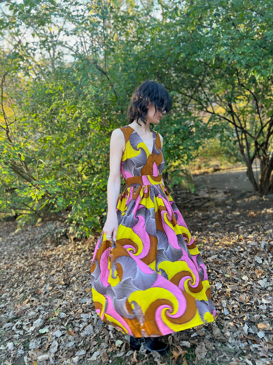 Yellow Brown Cotton Op Art Sleeveless Maxi Dress