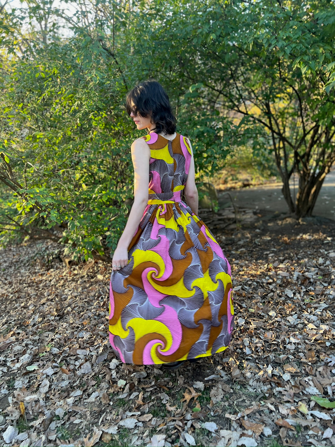 Yellow Brown Cotton Op Art Sleeveless Maxi Dress