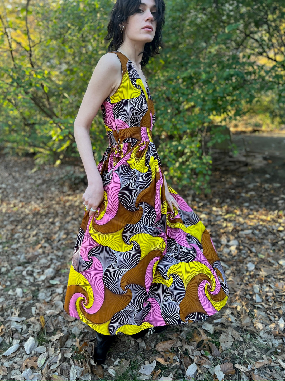 Yellow Brown Cotton Op Art Sleeveless Maxi Dress