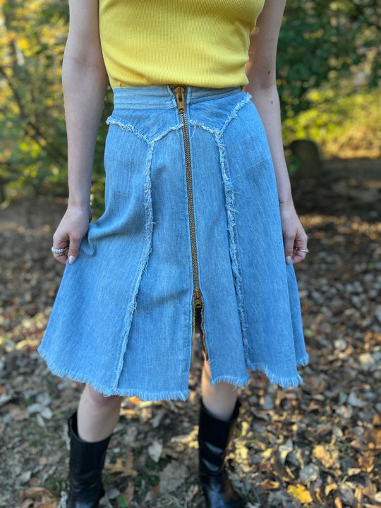 Vintage Denim Zip Front A-line Skirt