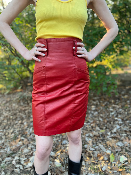 80s Vintage Red Leather Skirt