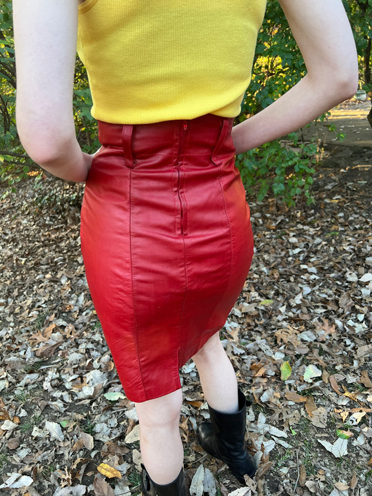 80s Vintage Red Leather Skirt