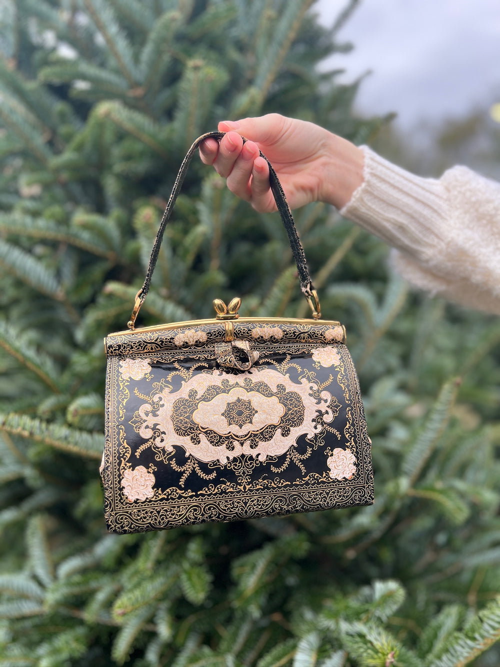 Vintage Ornate Ivory Black Gold Italian Purse