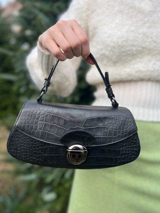 Vintage Black Leather Stamped Purse, Mochino Cheap & Chic