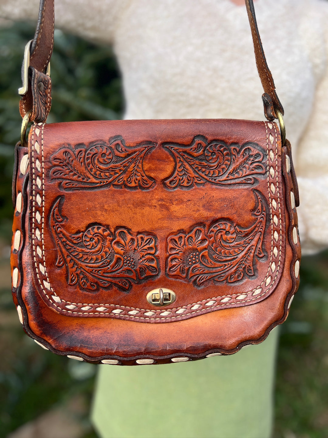 Vintage Leather Tooled Saddle Bag Purse, Nocona