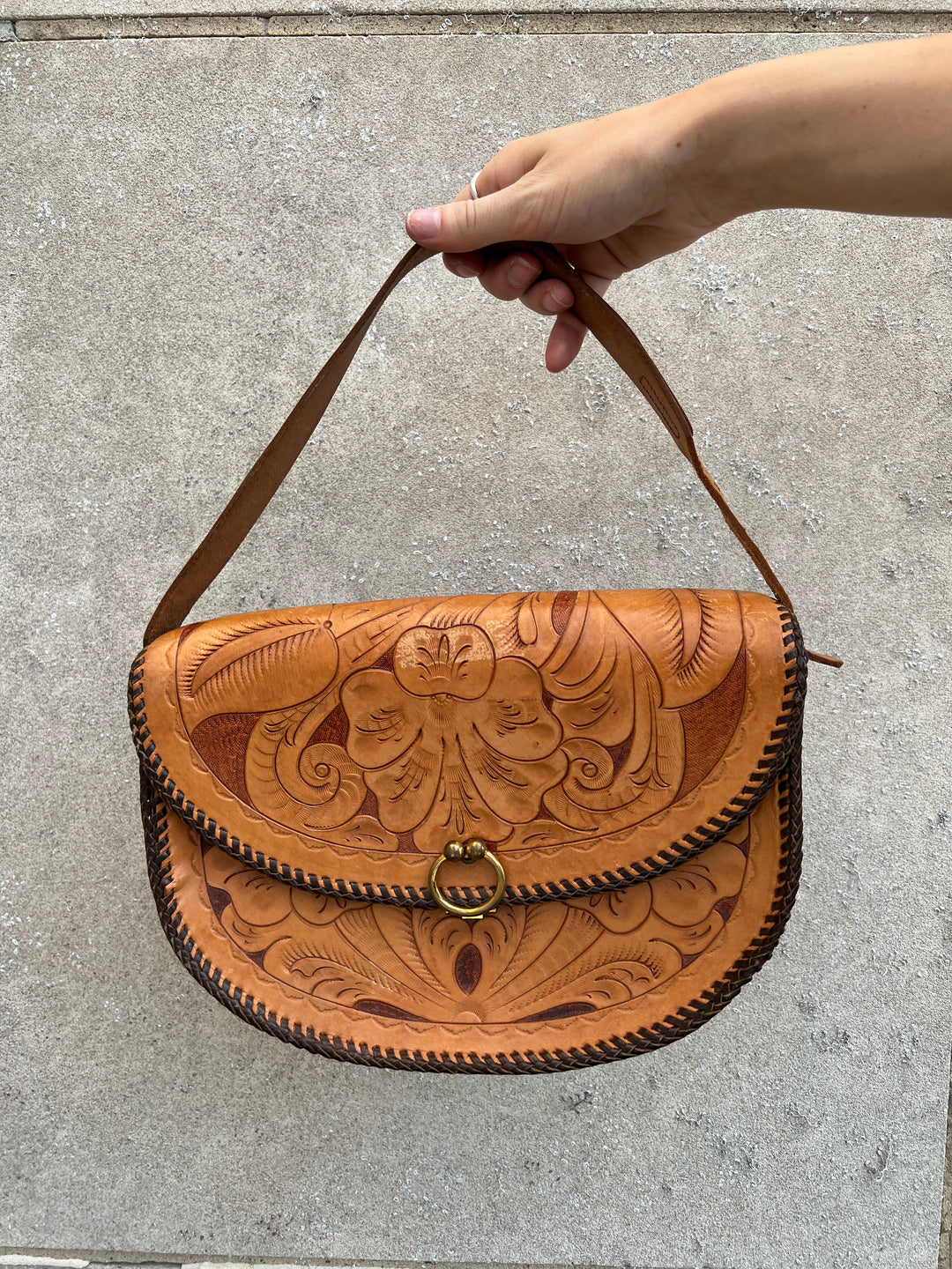 70s Light Brown Leather Tooled Shoulder Bag