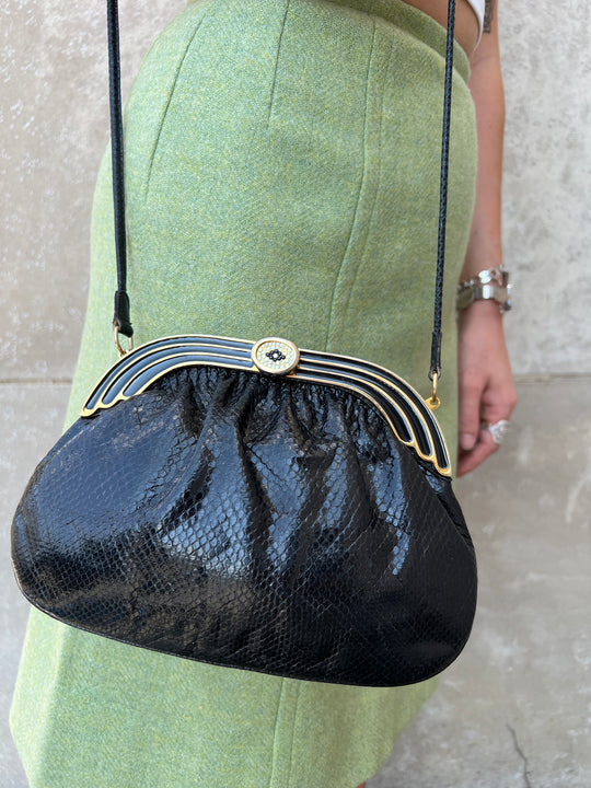 80s Black Exotic Leather Shoulder Bag, Gold Hardware, Finesse La Model