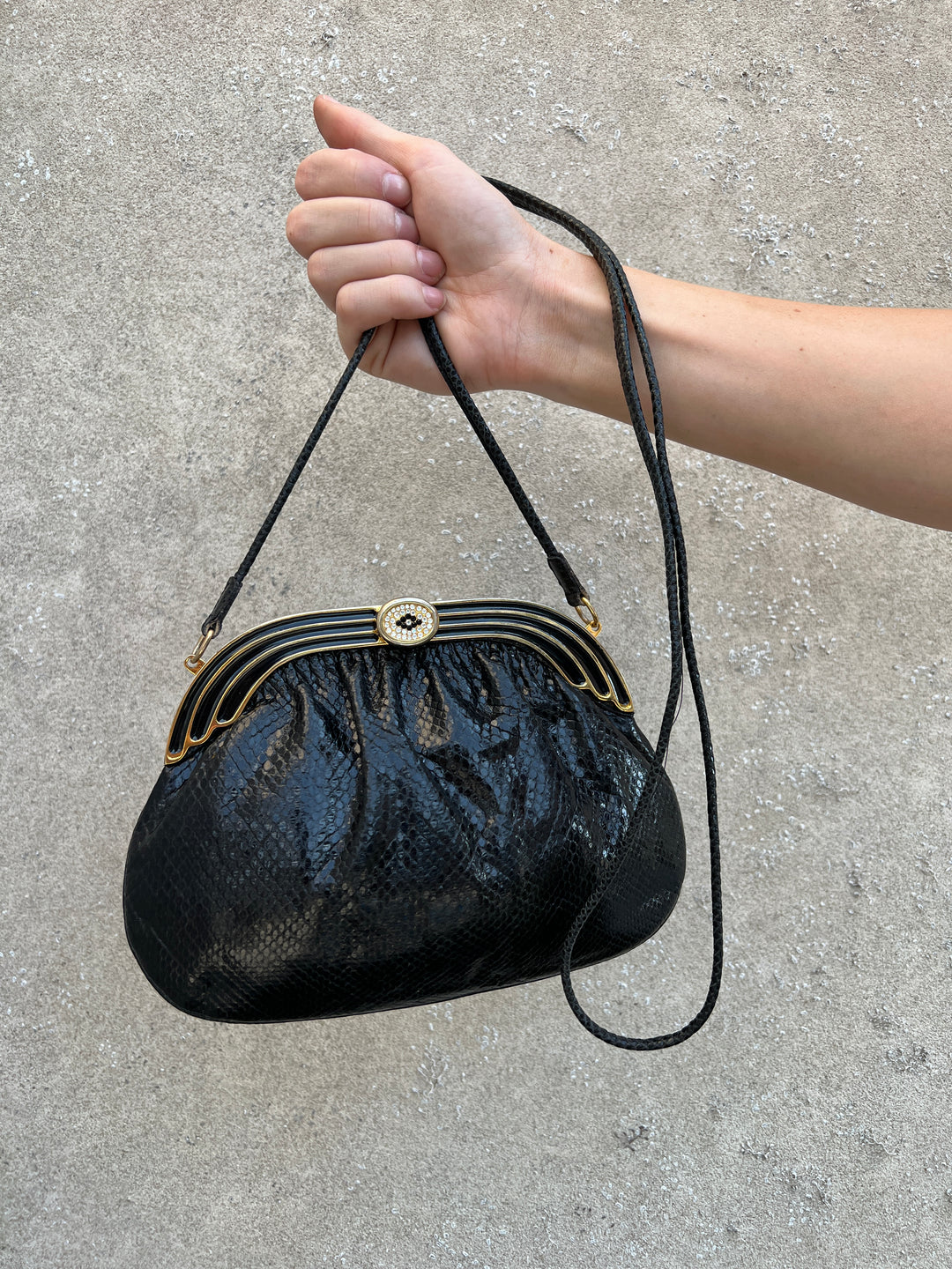 80s Black Exotic Leather Shoulder Bag, Gold Hardware, Finesse La Model