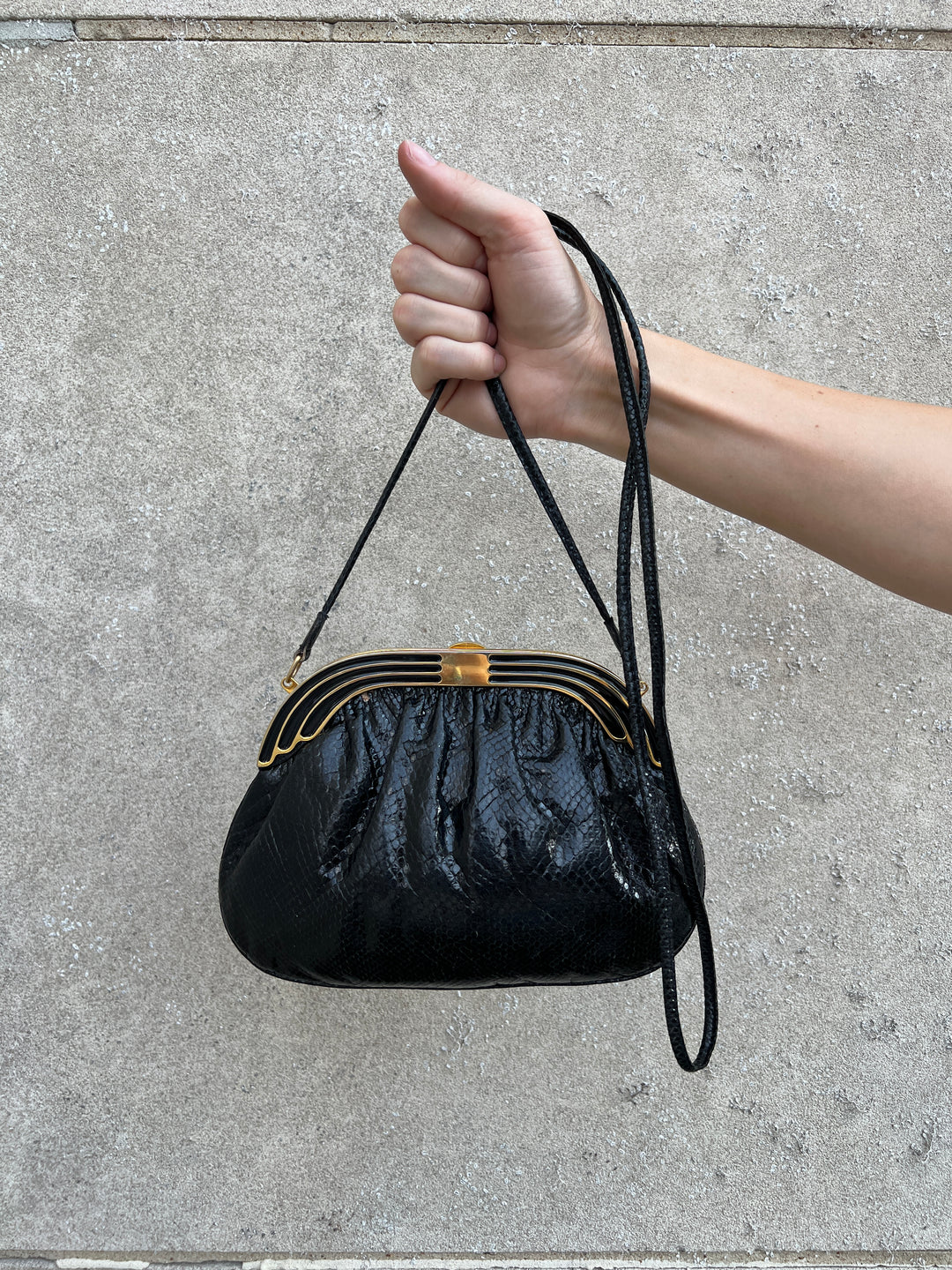 80s Black Exotic Leather Shoulder Bag, Gold Hardware, Finesse La Model