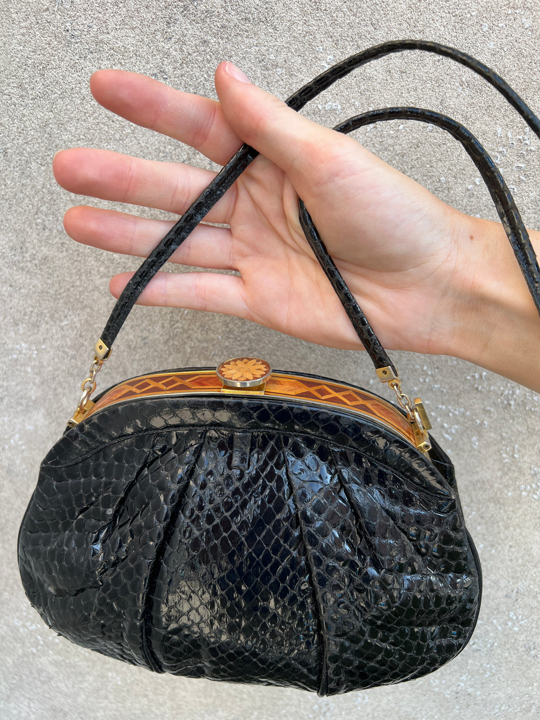 80s Black Exotic Leather Shoulder Bag with Wooden Inlay, Finesse La Model