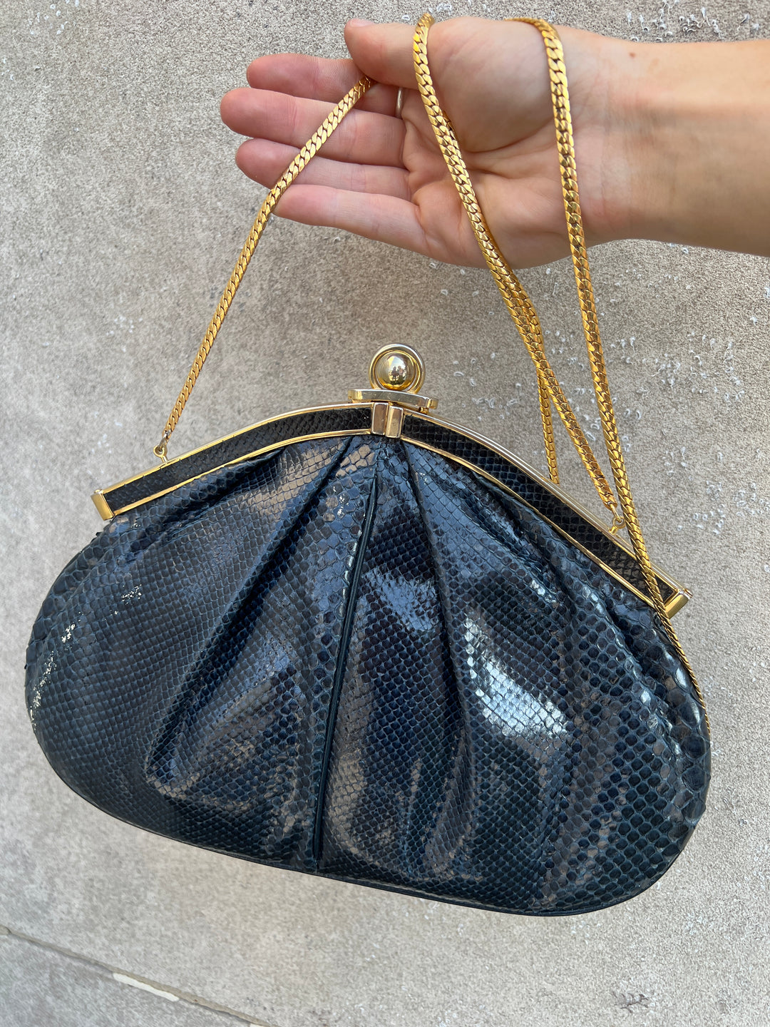 80s Blue Exotic Leather Shoulder Bag, Gold Hardware, Finesse La Model
