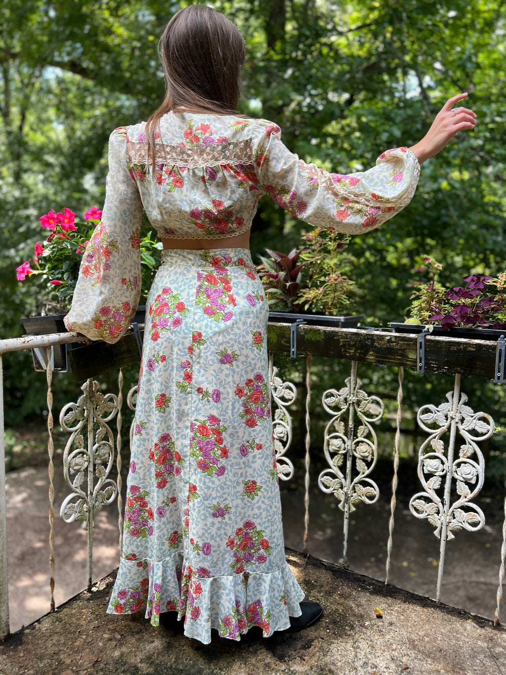 70s Rayon Floral Skirt and Top Set, Young Edwardian