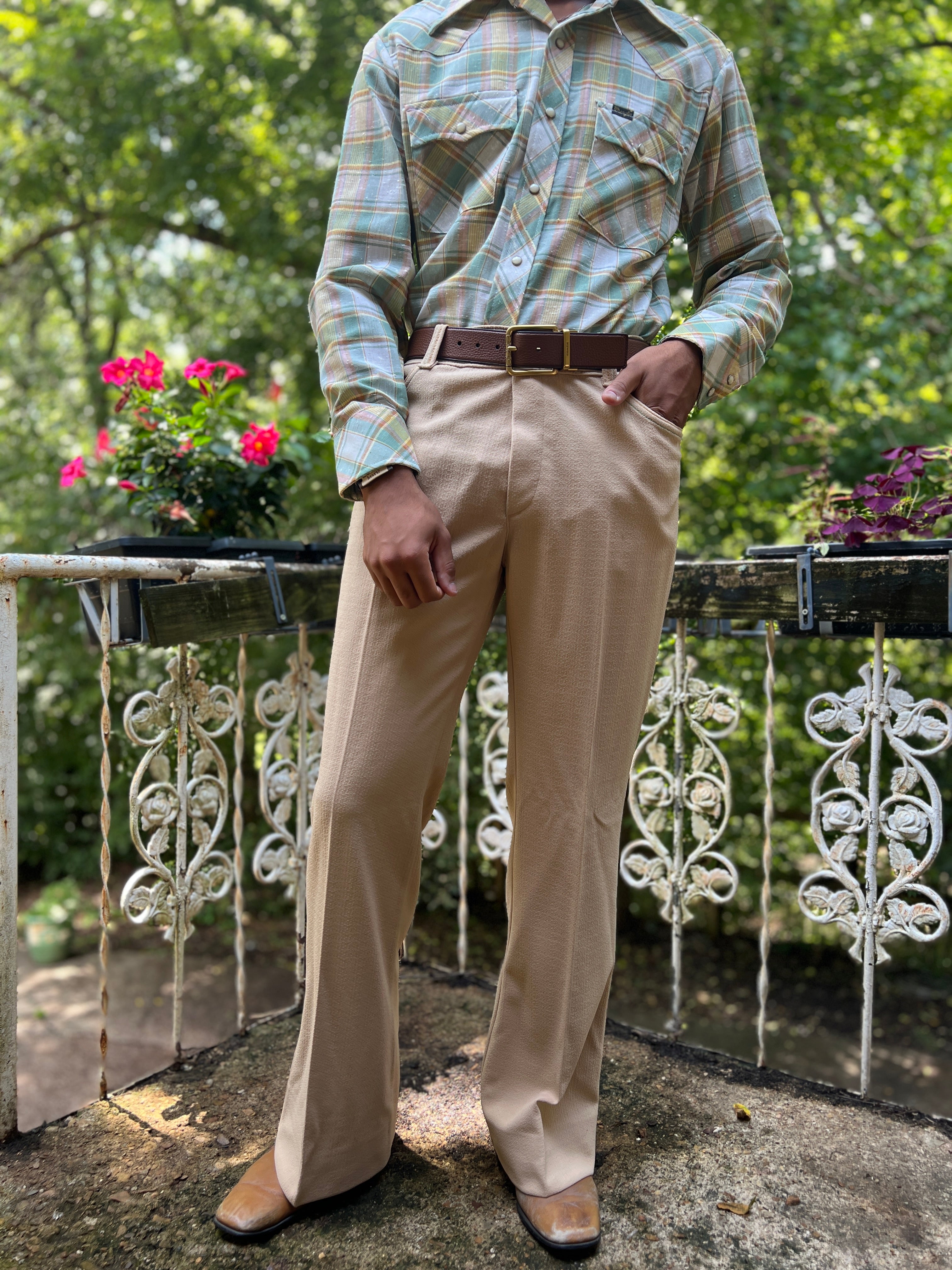 Mens 70s Tan Western Painted Leisure Suit JC Penney Western