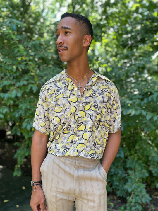 Mens 40s Gray Green Black Leaf Print Rayon Shirt, Willo Rose by Enro