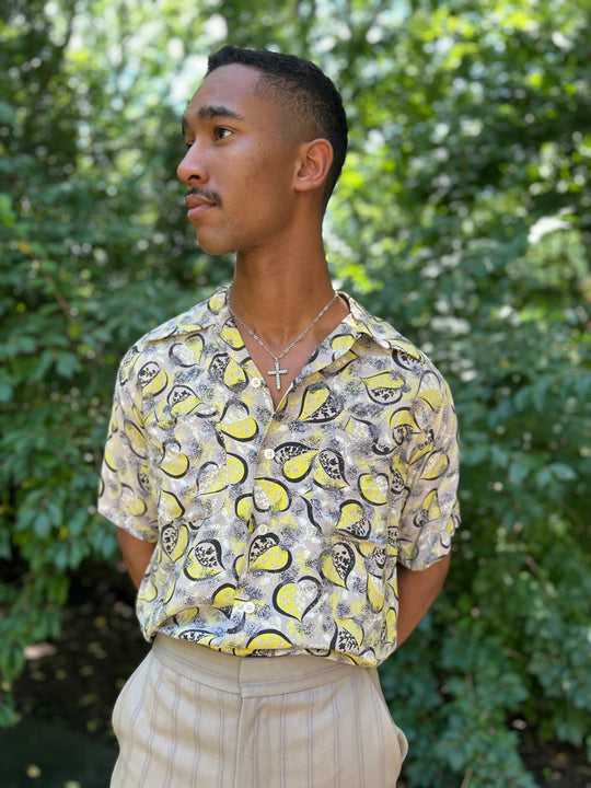 Mens 40s Gray Green Black Leaf Print Rayon Shirt, Willo Rose by Enro