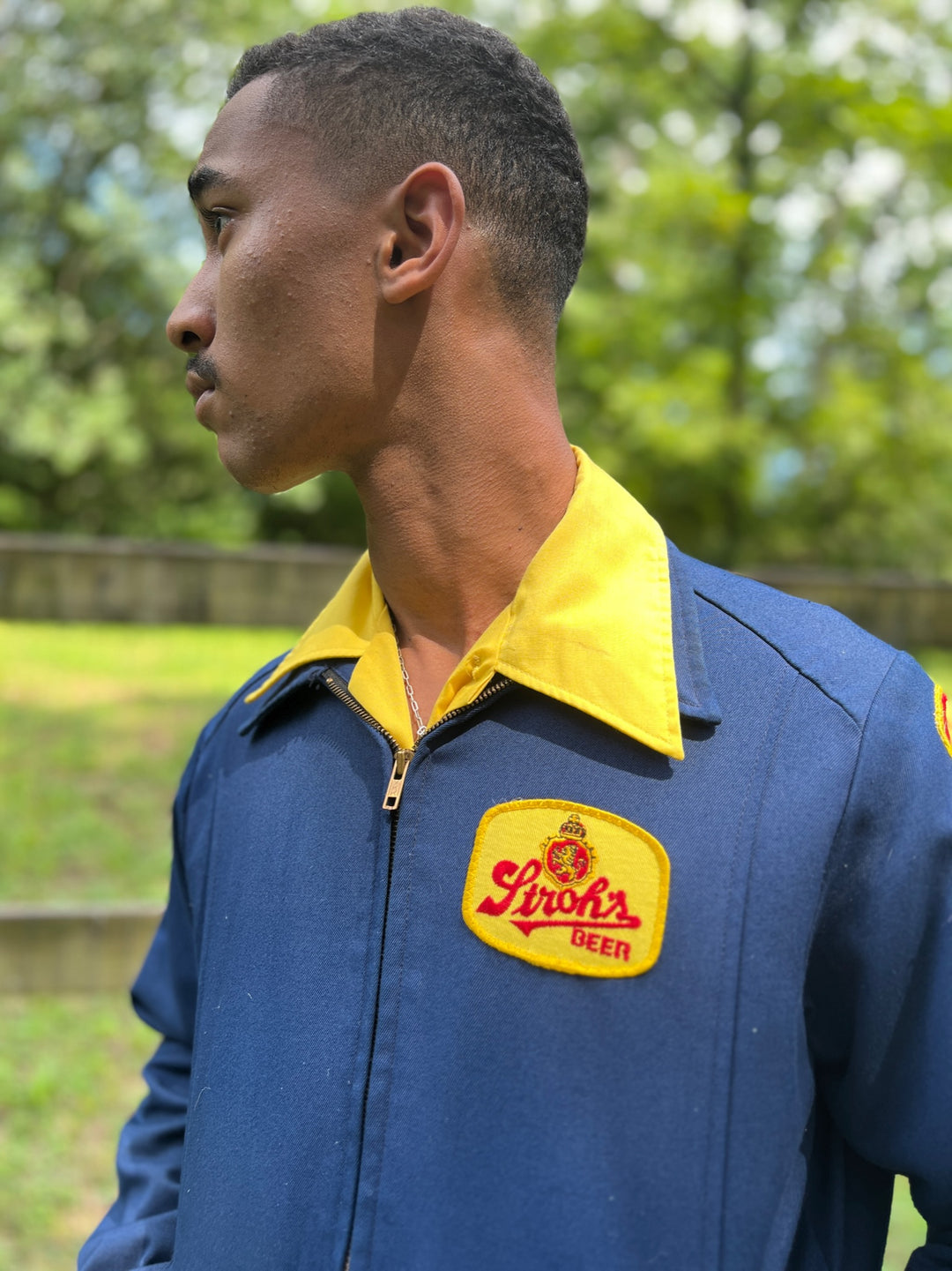 Men's Vintage Blue Work Uniform Jacket, Stroh's Beer