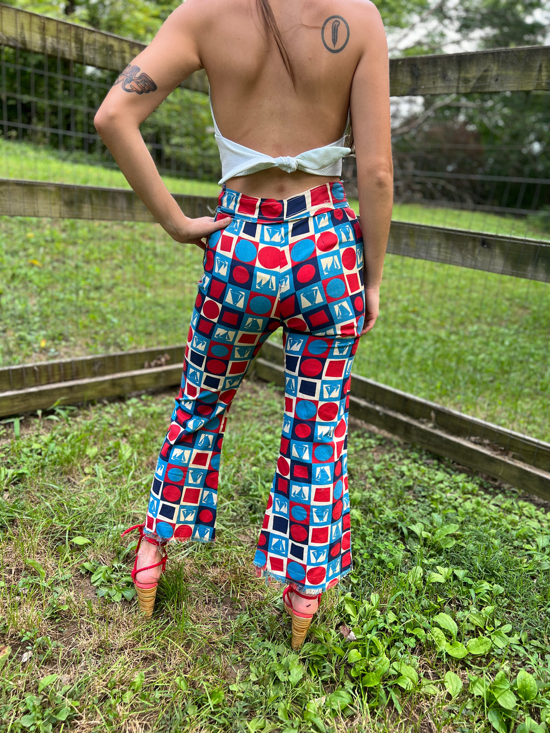 70s Red White Blue Cotton Bell Bottom Pants