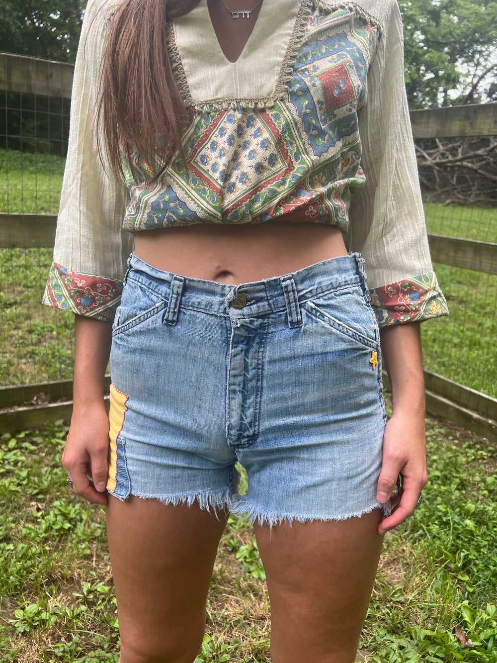70s Faded Denim Shorts with Patches, Lee