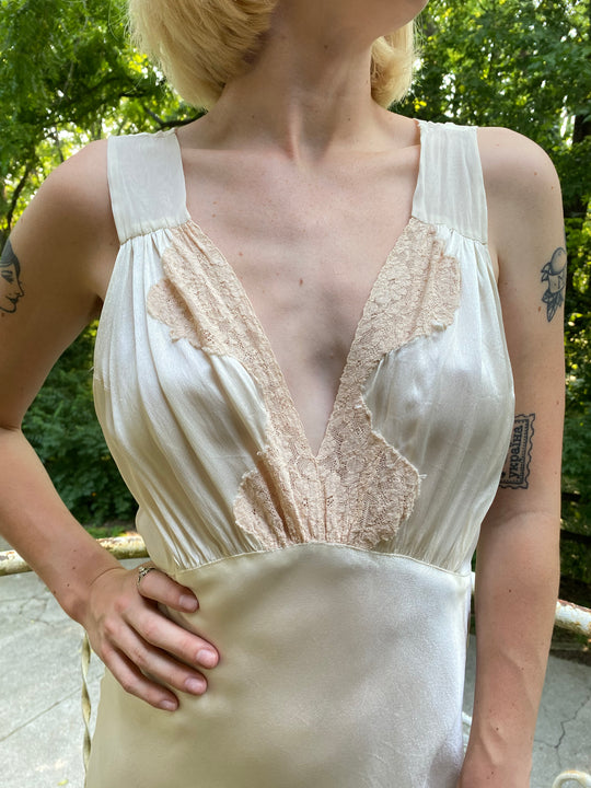 40s Silk Ivory Bias Cut Dress Nightgown, Peach Lace