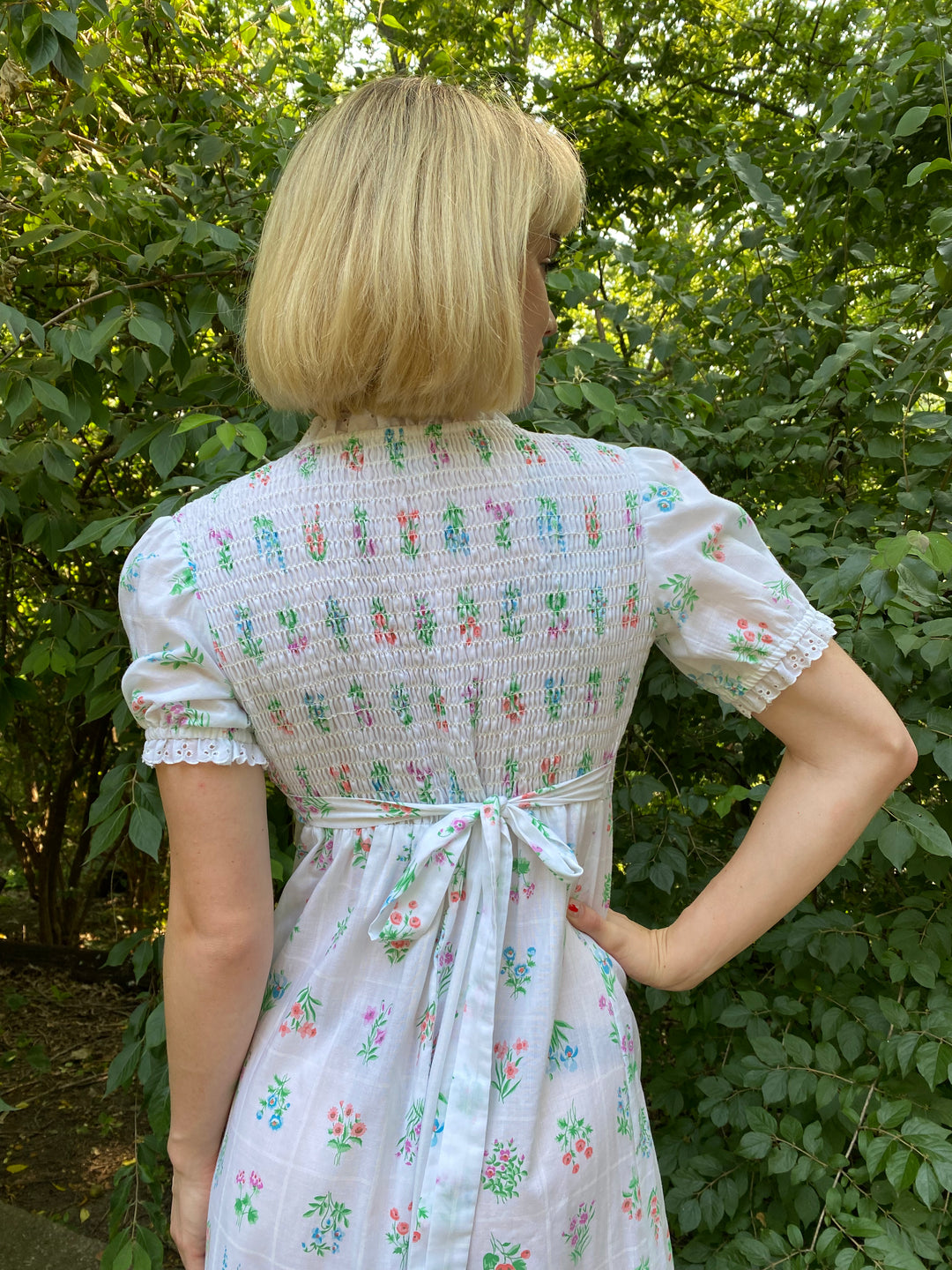 70s Vintage White Floral Prairie Maxi Dress
