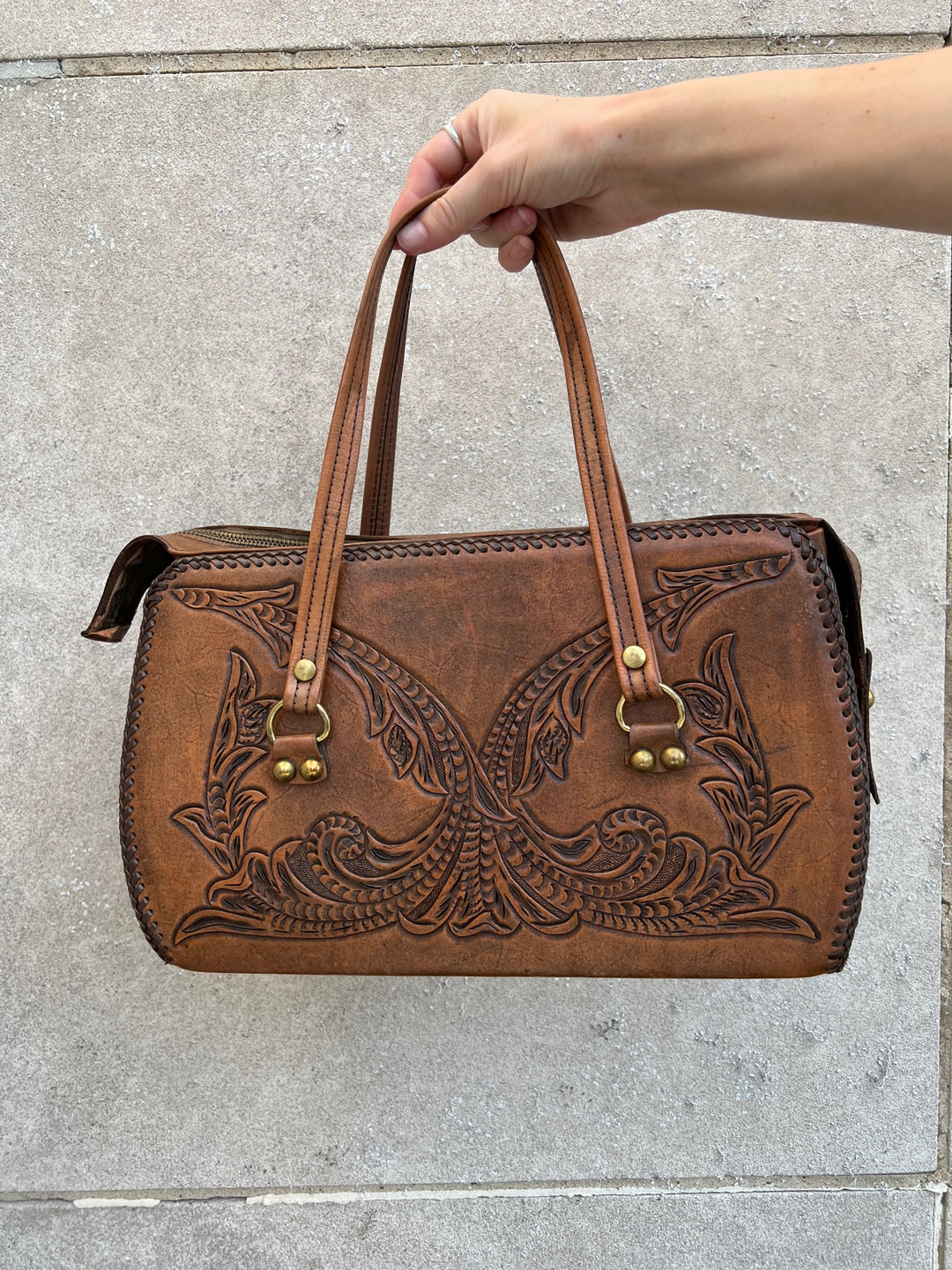 Vintage Simulated Brown Tooled Leather Purse