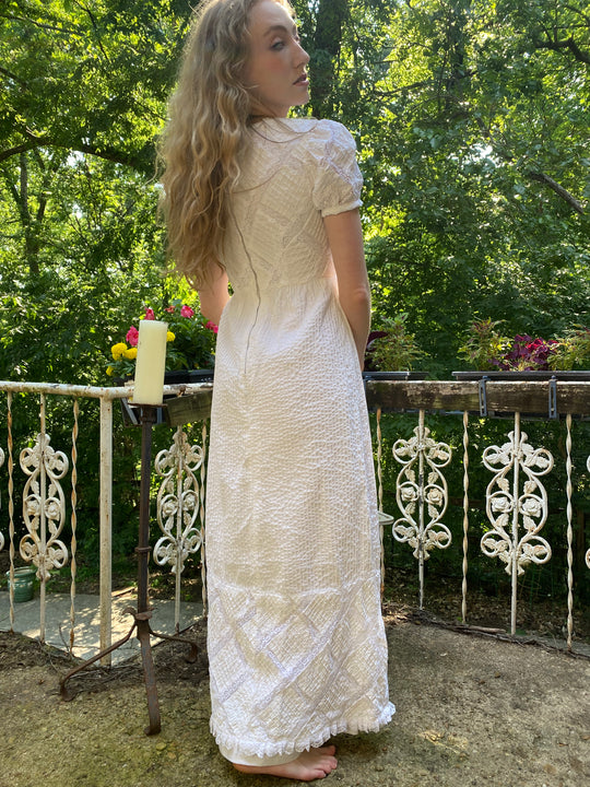 Vintage 70s White Maxi Dress, Pintuck and Lace Detail
