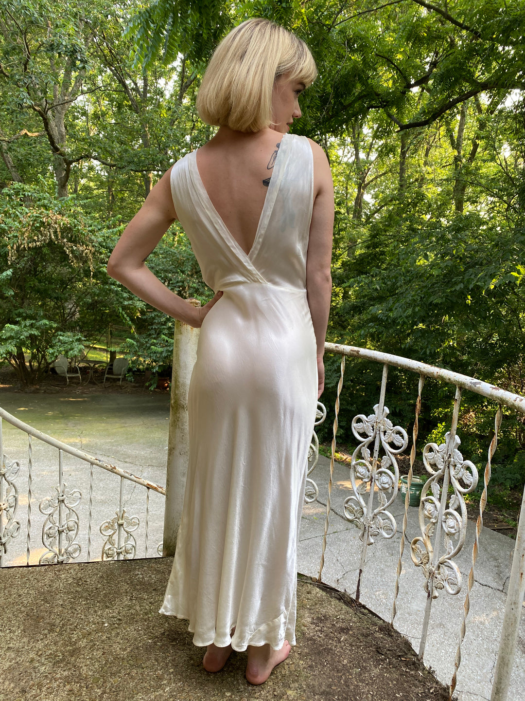 40s Silk Ivory Bias Cut Dress Nightgown, Peach Lace