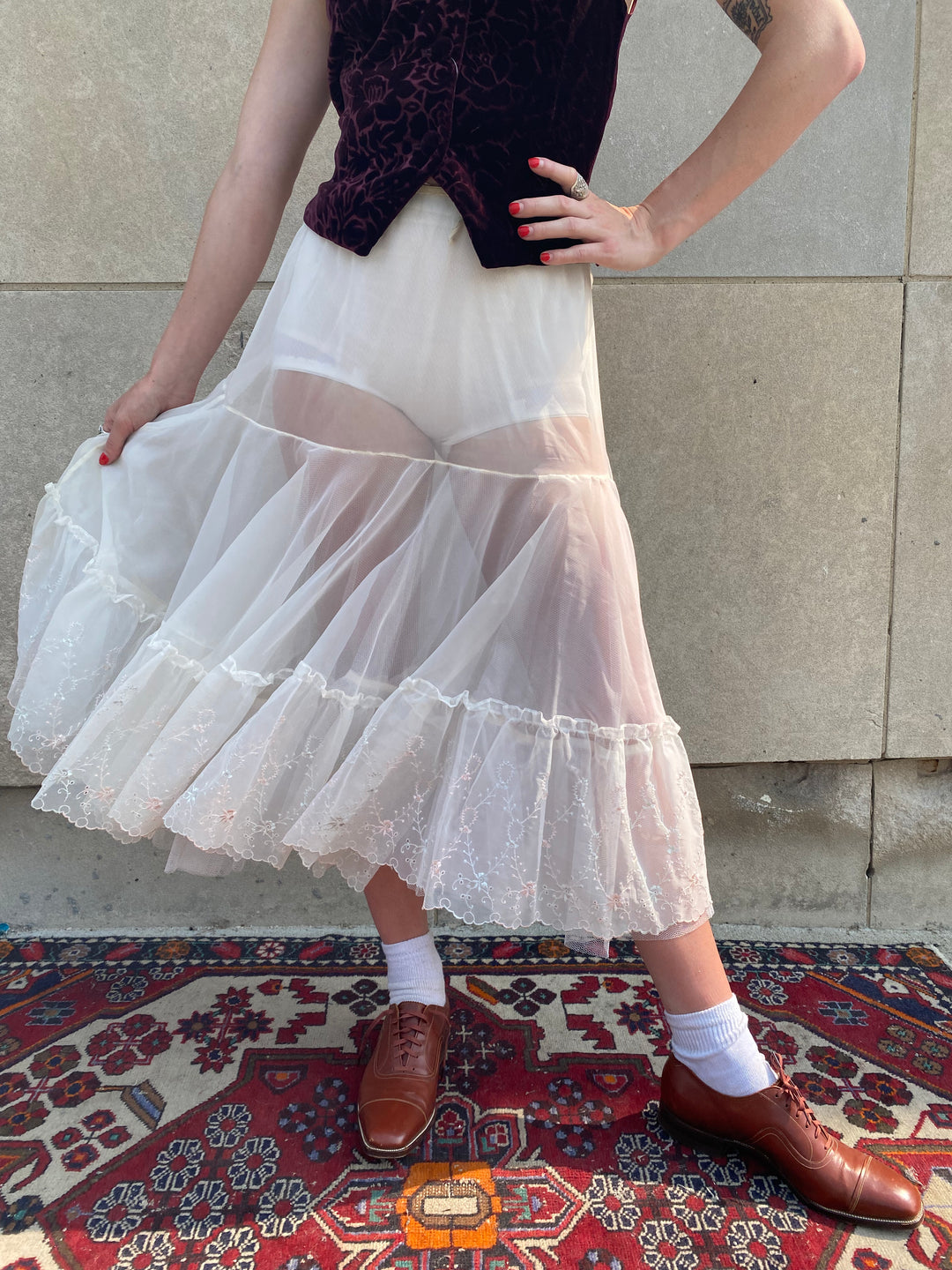 50s White Sheer Nylon Crinoline Skirt with Floral Stitching Hoops My Dear