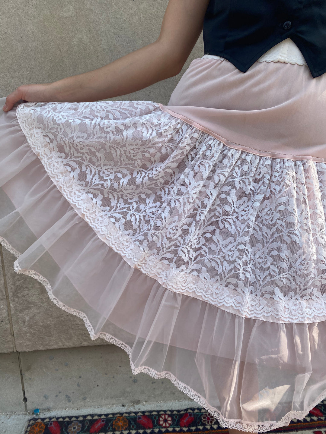 50s Vintage Pink Nylon and Lace Crinoline Skirt, Francine